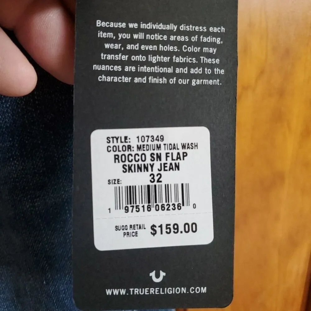 True Religion‎ Men's Rocco Flap Relaxed Skinny Jeans 32 X 32 New